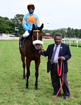 Capital Gain (Arul J H up) wiiner of the Chirapunji Plate, being led in by trainer S Dominic on Thursday races at Mysore.